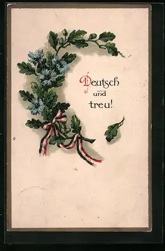 Lithographie Eichenzweig und Kornblumen mit Schleife in deutschen Farben