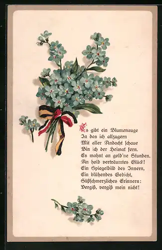 Lithographie Vergissmeinnicht-Strauss mit Schleife in Zweibund-Farben, Gedicht