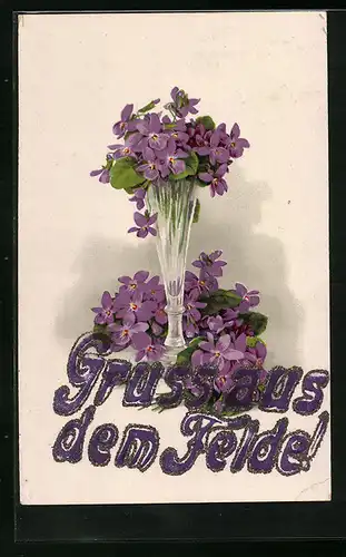 Künstler-AK Gruss aus dem Felde! - Schriftzug mit Glitter und Blumenstrauss