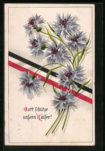 Lithographie Gott schütze unseren Kaiser! - Kornblumen und Band in Nationalfarben