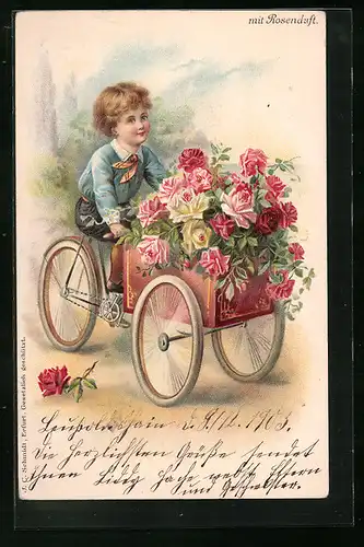 Duft-AK Junge auf Dreirad mit Rosen