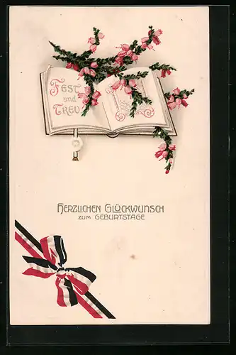 Lithographie Aufgeschlagenes Buch mit Blütenzweigen, Schleife in deutschen Farben - Geburtstagsgruss