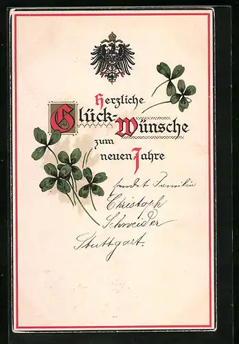 Lithographie Reichswappen und Glücksklee - Neujahrsgruss