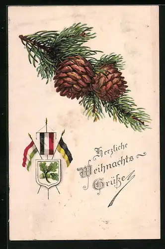 Lithographie Tannenzweig mit Zapfen, Fahnen des Zweibunds - Weihnachtsgruss