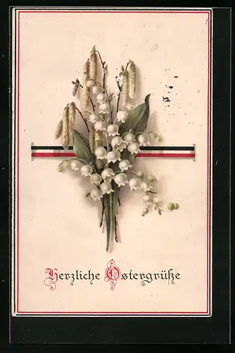 Lithographie Maiglöckchenstrauss mit Band in deutschen Farben - Ostergruss
