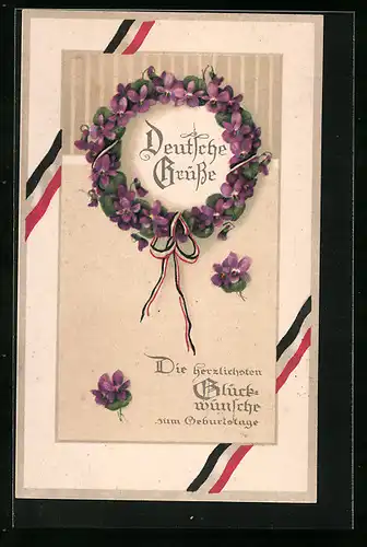 Lithographie Deutsche Grüsse im Blütenkranz - Geburtstagsgruss