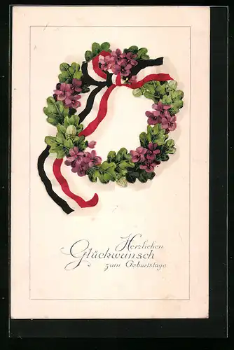 Lithographie Eichenkranz mit Blüten und National-Banderole - Geburtstagsgruss