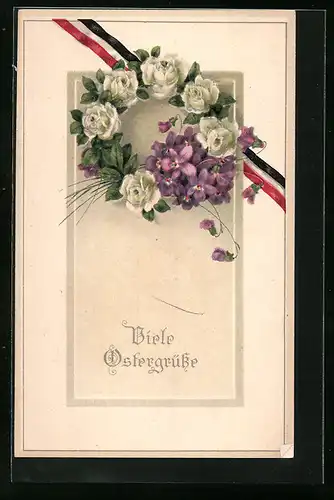 Lithographie Rosenkranz mit National-Banderole - Ostergruss