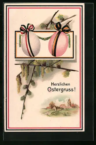 Lithographie Weidenkätzchen und Ostereier mit Schleifen in Zweibund-Farben - Ostergruss