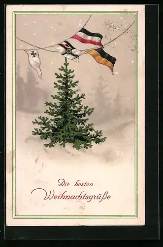 Lithographie Tannenbaum und Fahnen des Zweibunds - Weihnachtsgruss