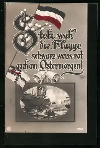 Künstler-AK Kriegsschiff und Soldaten in Booten, Deutsche Flagge - Ostergruss