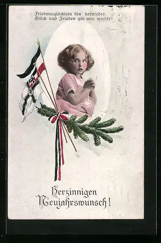 Künstler-AK Betendes kleines Mädchen hat Herzinnigen Neujahrswunsch