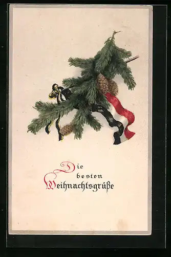 Lithographie Tannenzweig mit Zapfen und Banderole in Nationalfarben - Weihnachtsgruss