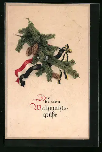 Lithographie Tannenzweig mit Tannenzapfen und Banderole in Nationalfarben - Weihnachtsgruss
