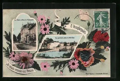 AK Amplepuis, La Poste et Rue de l`Industrie, Vue generale prise de Révillon