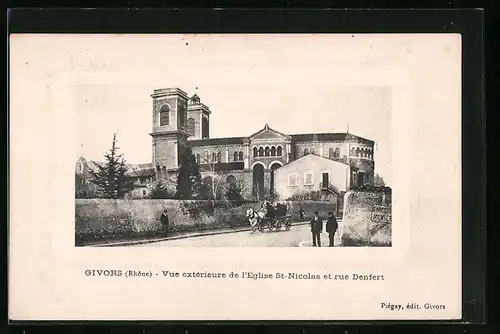 AK Givors, Vue extérieure de l`Eglise St-Nicolas et rue Denfert