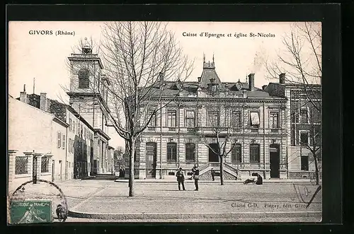 AK Givors, Caisse d`Epargne et église St-Nicolas
