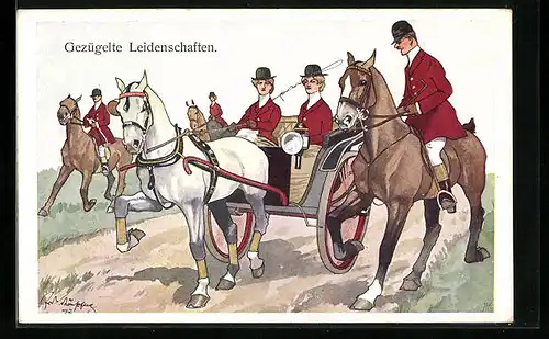 Künstler-AK Fritz Schönpflug: Gezügelte Leidenschaften, Zwei Frauen im Pferdewagen und Reiter