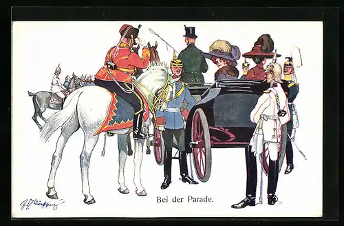 Künstler-AK Fritz Schönpflug: Bei der Parade, Soldaten mit Pferden an einer Kutsche