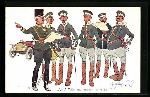 Künstler-AK Fritz Schönpflug: Lieb` Vaterland magst ruhig sein!, Soldaten im Gespräch