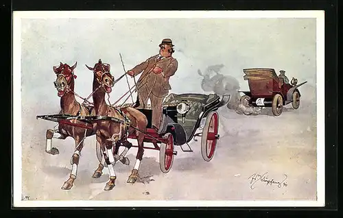 Künstler-AK Fritz Schönpflug: Herr mit Pferdegespann fährt an Auto vorbei