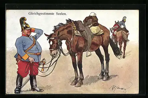 Künstler-AK Fritz Schönpflug: Gleichgestimmte Seelen, Soldat und sein Pferd