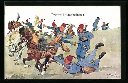 Künstler-AK Fritz Schönpflug: Moderne Errungenschaften!, Soldaten mit Pferden