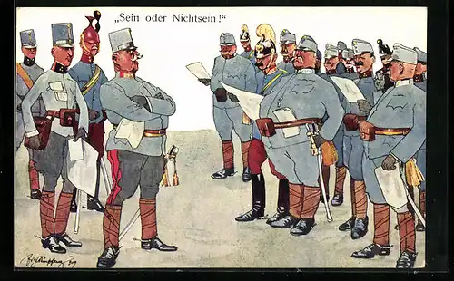 Künstler-AK Fritz Schönpflug: Sein oder Nichtsein!, Soldaten studieren ihre Unterlagen