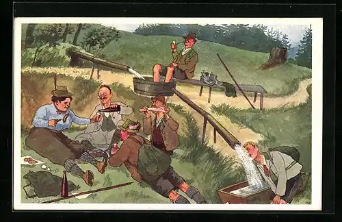 Künstler-AK Fritz Schönpflug: Herren beim Picknicken auf einer Wiese