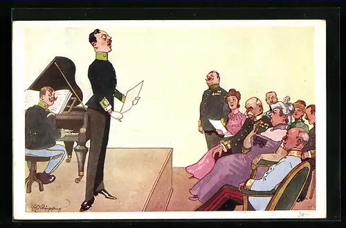 Künstler-AK Fritz Schönpflug: Soldat singt zu Klavierbegleitung