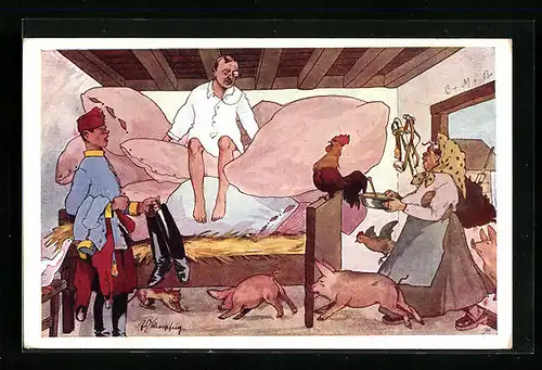 Künstler-AK Fritz Schönpflug: Soldat sitzt auf Bett im Stall