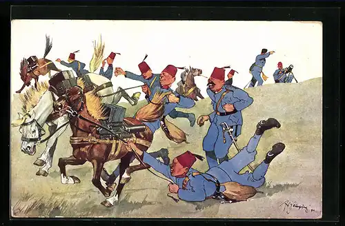 Künstler-AK Fritz Schönpflug: Soldat ist vom Pferd gestürzt