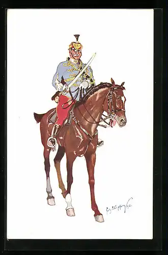 Künstler-AK Fritz Schönpflug: Soldat in Uniform mit Schwert zu Pferde