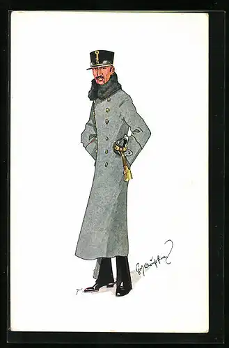 Künstler-AK Fritz Schönpflug: Soldat im Uniformmantel