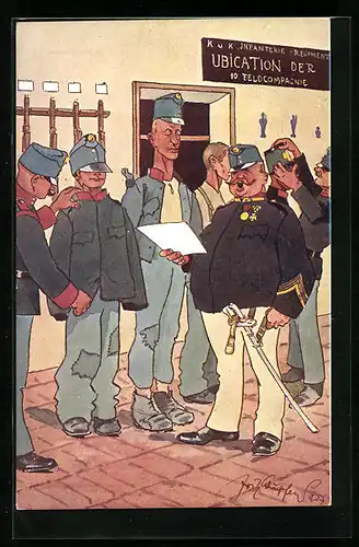 Künstler-AK Fritz Schönpflug: Soldaten mit Spiess beim Einkleiden, Karikatur
