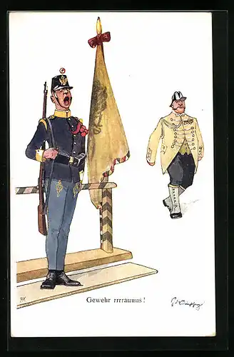 Künstler-AK Fritz Schönpflug: Gewehr rrrrauuus!, Karikatur