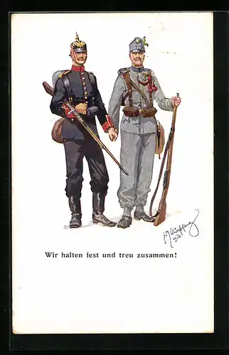 Künstler-AK Fritz Schönpflug: Wir halten fest und treu zusammen - Deutscher und österreichischer Soldat