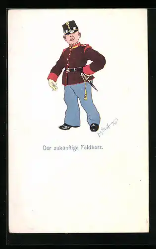 Künstler-AK Fritz Schönpflug: Der zukünftige Feldherr, Karikatur eines kleinen Soldaten