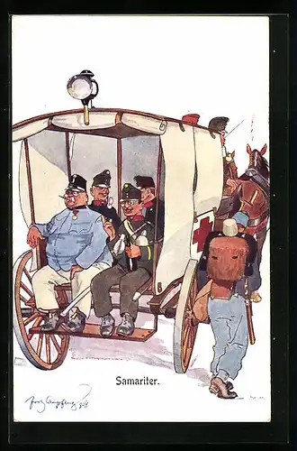 Künstler-AK Fritz Schönpflug: Samariter - Hochrangige Soldaten im Planwagen, Karikatur