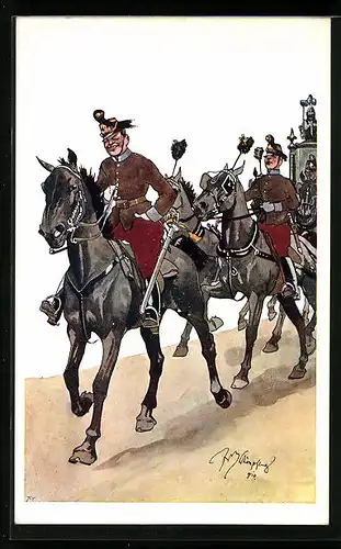 Künstler-AK Fritz Schönpflug: Selbstzufriedener Soldat an der Spitze einer Eskorte, Karikatur