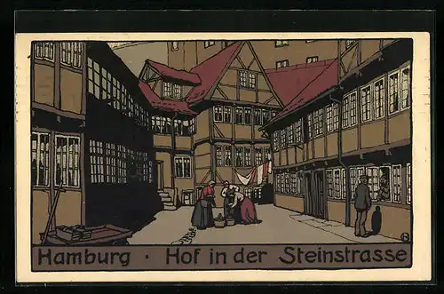 Steindruck-AK Hamburg-St.Georg, Hof in der Steinstrasse mit Einwohnern
