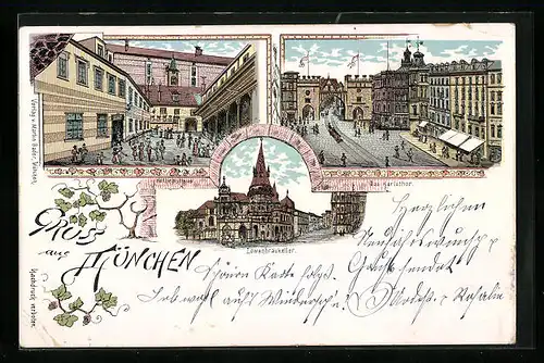 Lithographie München, Hofbräuhaus, Karlstor und Löwenbräukeller