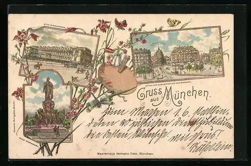 Lithographie München, Alte Pinakothek, Max. Monument, Bahnhof mit Warenhaus Tietz