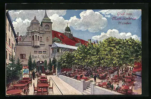 AK München, Gasthaus Mathäserbräu - Gartenansicht mit Gästen