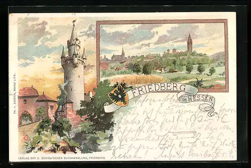 Lithographie Friedberg /Hessen, Ortsansicht und Ortspartie mit Turm