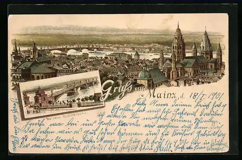 Lithographie Mainz, Teilansicht aus der Vogelschau, Neue Rheinbrücke