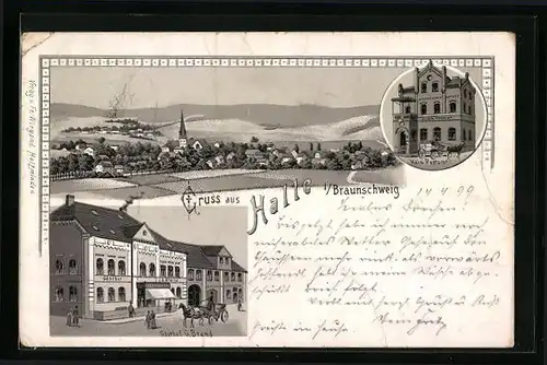 Lithographie Halle i. Braunschweig, Gasthof G. Brand, Kaiserliches Postamt, Teilansicht