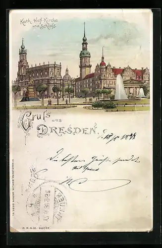 Lithographie Dresden, Kath. Hof-Kirche und Schloss