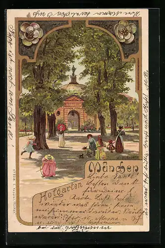 Lithographie München, Hofgarten mit spielenden Kindern