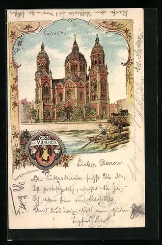 Lithographie München, Lukas Kirche mit Münchner Kindl